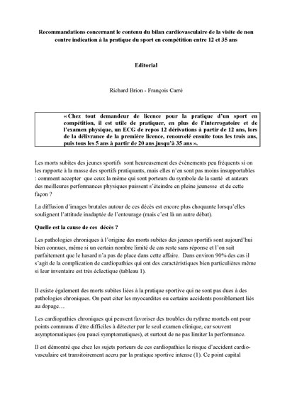 SFC - Recommandations concernant le contenu du bilan cardiovasculaire de la visite de non contre indication à la pratique du sport en compétition entre 12 et 35 ans