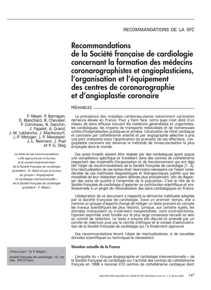 SFC - Recommandations : Formation des coronarographistes, engioplasticiens, orgnaisation et équipement des centres