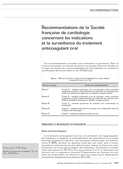 SFC - Recos Indications et surveillance du traitement anticoagulant oral 1997