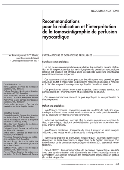 SFC - Recos Réalisation et interprétation de la tomoscintigraphie de perfusion myocardique 2003