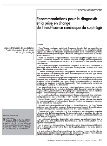 SFC - Recos diagnostic et prise en charge de l’insuffisance cardiaque du sujet âgé 2004