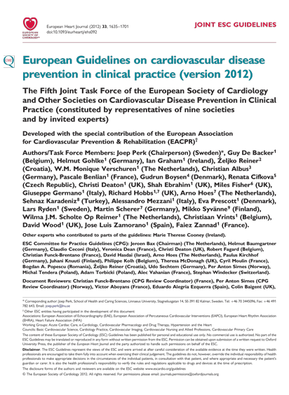 SFC - Recos ESC -  	Cardiovascular disease prevention in clinical practice 2012