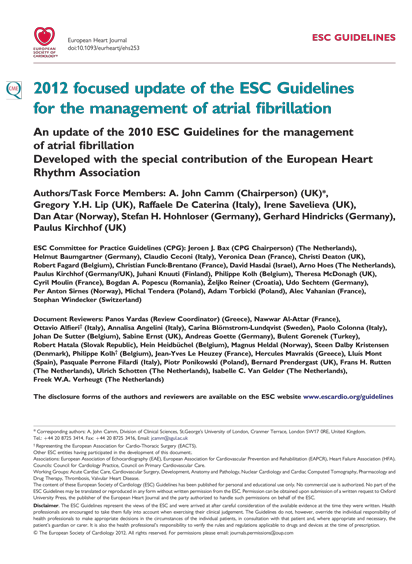 SFC - Recos ESC 2012 - Management of atrial fibrillation